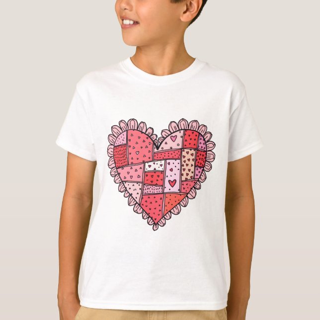 Camiseta Valentine's Day Faux Patchwork Heart Doodle Kids (Frente)