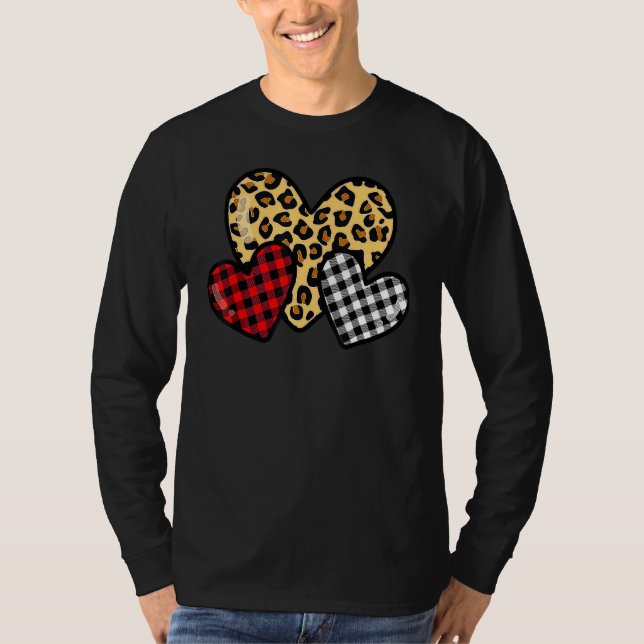 Camiseta Valentines Day Hearts Leopard Buffalo Plaid Girls  (Frente)