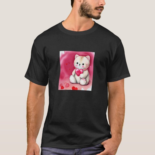Camiseta Valentine's Day Love Heart Cat Teddy Girlfriend Fi (Frente)