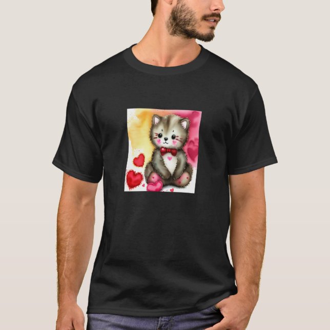 Camiseta Valentine's Day Love Heart Cat Teddy Girlfriend Fi (Frente)
