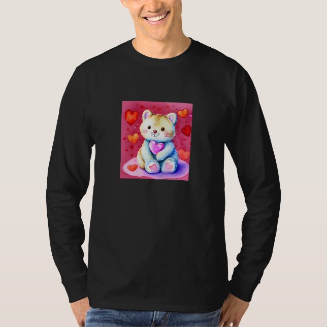 Camiseta Valentine's Day Love Heart Cat Teddy Girlfriend Fi (Frente)