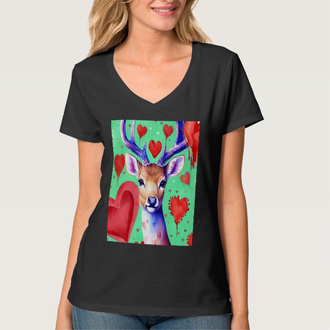 Camiseta Valentine's Day Love Heart Cute Deer Girlfriend Fi (Frente)