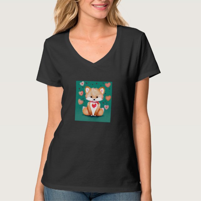 Camiseta Valentine's Day Love Heart Fox Teddy Girlfriend Fi (Frente)