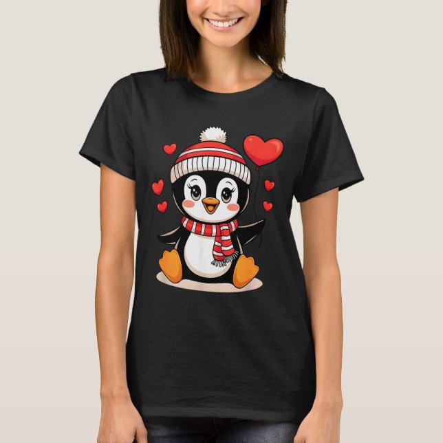 Camiseta Valentine's Day Penguin Heart Balloon Cute  (Frente)