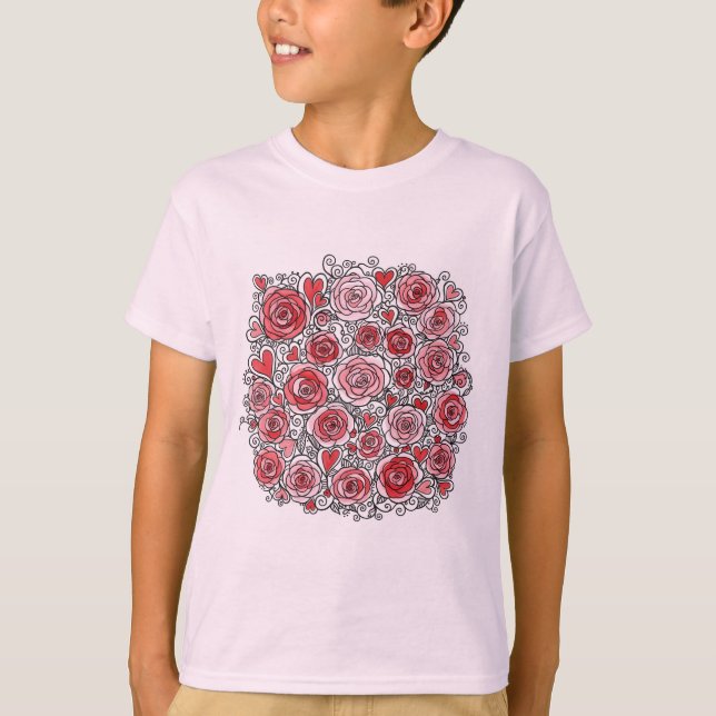 Camiseta Valentine's Day Pink Red Roses Hearts Doodles  (Frente)