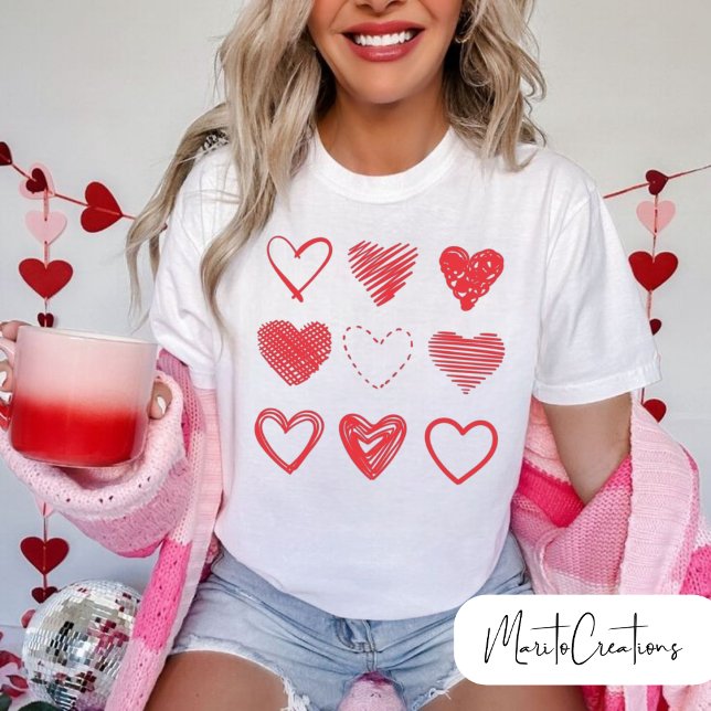 Camiseta Valentine's Day Red Hearts, Doodle love, Funny (Criador carregado)