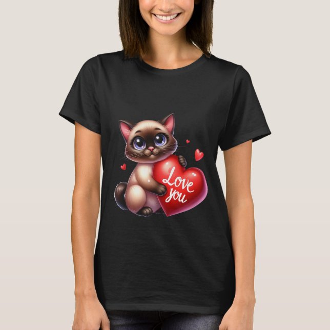 Camiseta Valentine's Day Siamese Cat Love You Heart Art ❤🐱 (Frente)
