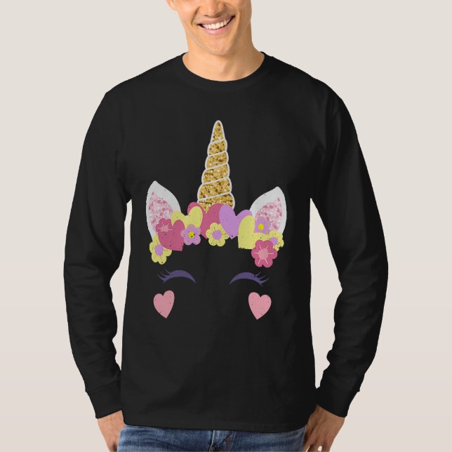 Camiseta Valentine's Day Unicorn Face Hearts Cute Matching  (Frente)