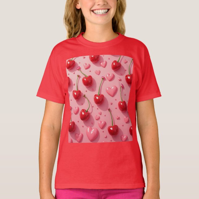 Camiseta valentines de corações e cerejas (Frente)