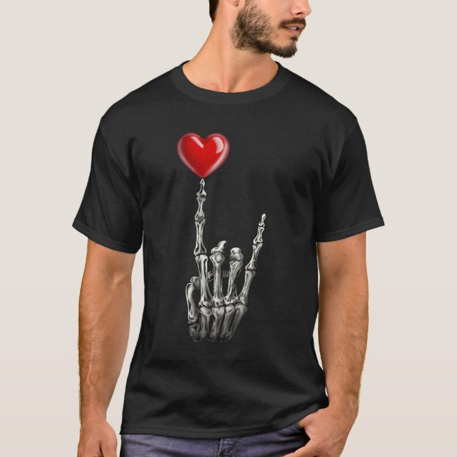 Camiseta Valentines Rock Star Skeleton Hand Sign Heart gift (Frente)