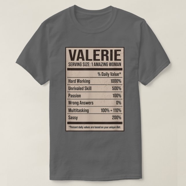 Camiseta Valerie Nutritrition Facts Name Apelido Alias Titl (Frente do Design)