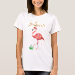 Camiseta Vamos de Aquarela Rosa, Flamingle Dourado Golf<br><div class="desc">Camisa temática tropical com "Flamingle de Vamos" em brilho dourado e uma coloração d'água rosa flamingo.</div>