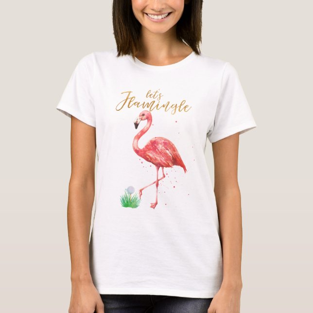 Camiseta Vamos de Aquarela Rosa, Flamingle Dourado Golf (Frente)