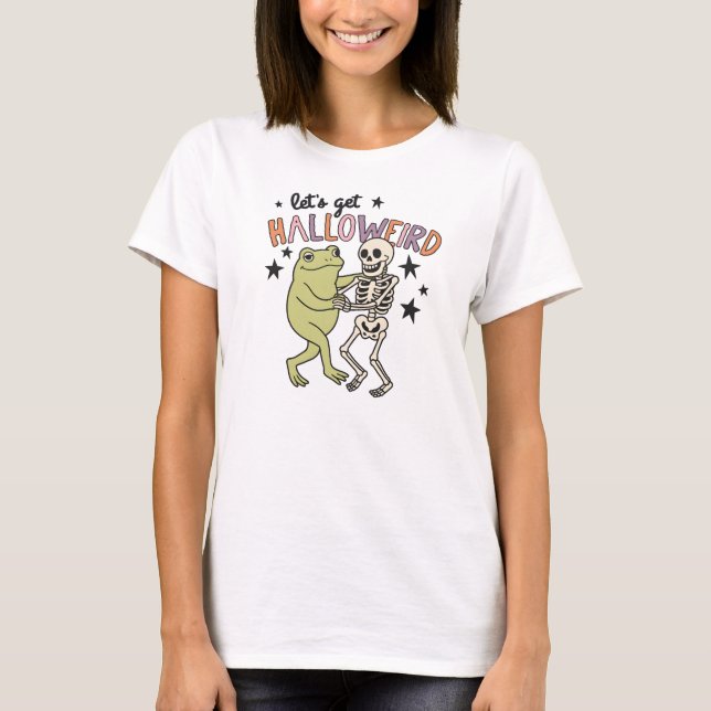 Camiseta "Vamos Ficar Halloweirdes" Sapo e Esqueleto Dançan (Frente)