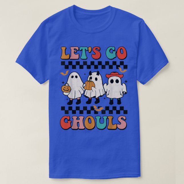 Camiseta Vamos Go Ghouls Groovy Retro Spooky Season Ghost H (Frente do Design)