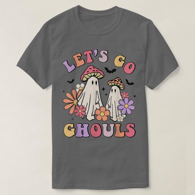 Camiseta Vamos Ir Ghouls Cogumelo Fantasma Halloween Groovy (Frente do Design)