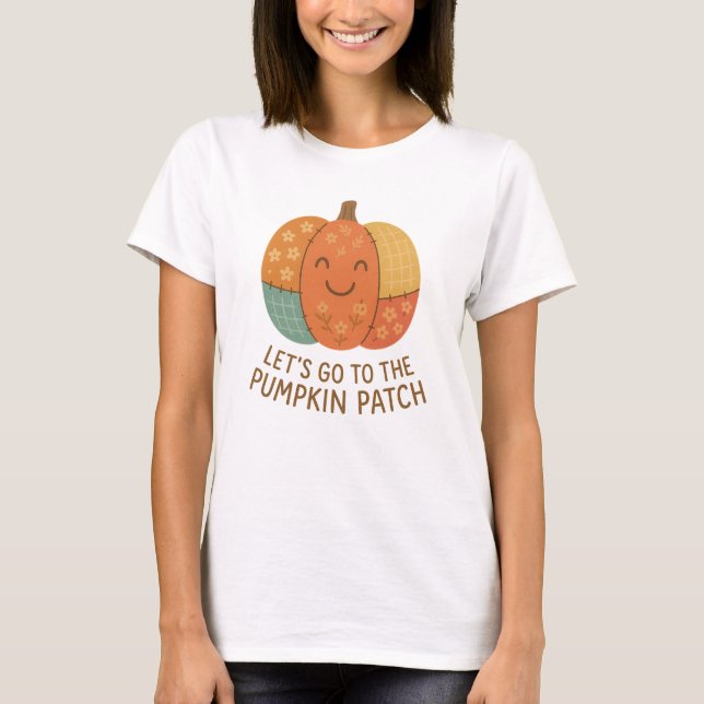 Camiseta Vamos Para O Pomar De Abóboras Adorável Patchwork  (Frente)