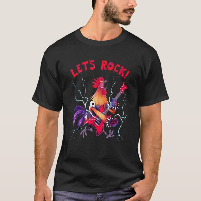 Camiseta Vamos Rock Rooster Tocando Violão de Metal Pesado  (Frente)