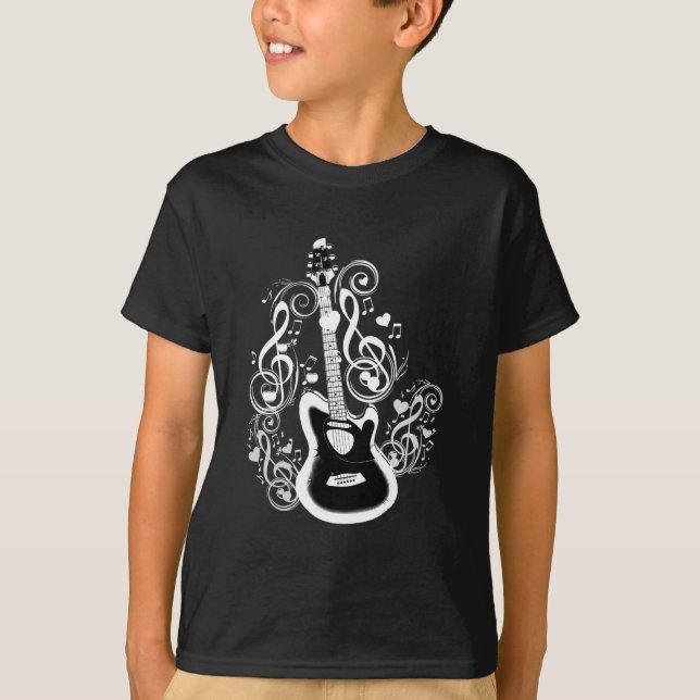 Camiseta Vamos Rock,White Music Notes & Guitar_ (Frente)