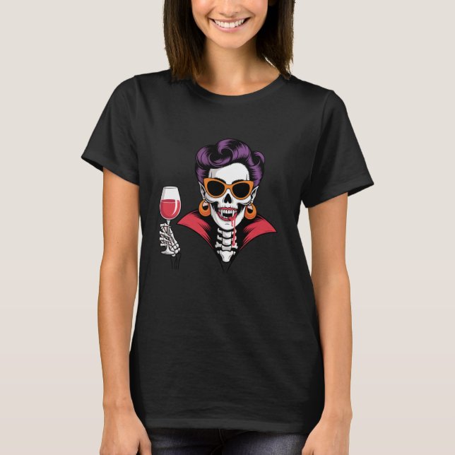 Camiseta Vampire Skeleton Woman with Wine Funny Halloween A (Frente)
