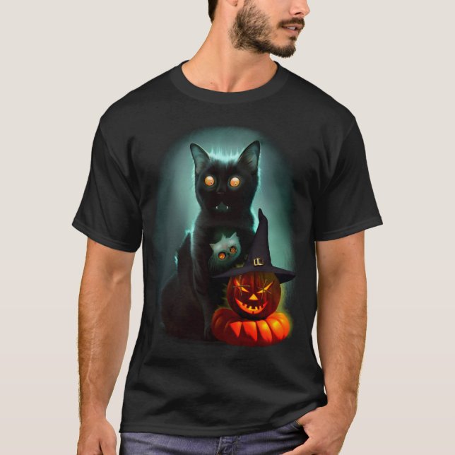 Camiseta Vampiro Gato e Mágico Pumpkin Halloween Surreal (Frente)