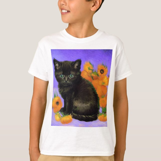 Camiseta Van Gogh Black Kitten com Girassóis (Frente)