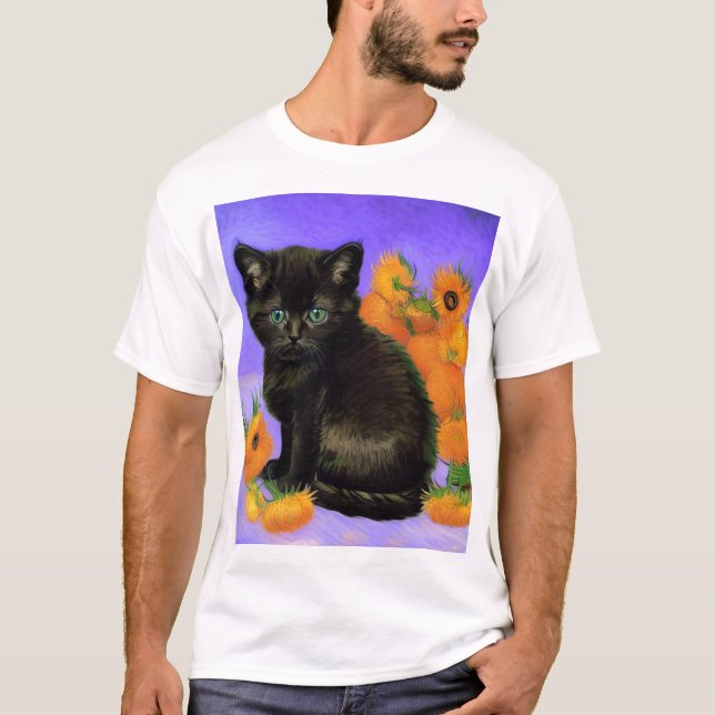 Camiseta Van Gogh Black Kitten com Girassóis (Frente)