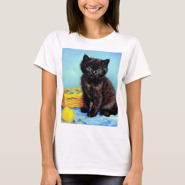 Camiseta Van Gogh Black Kitten com Yarn (Frente)