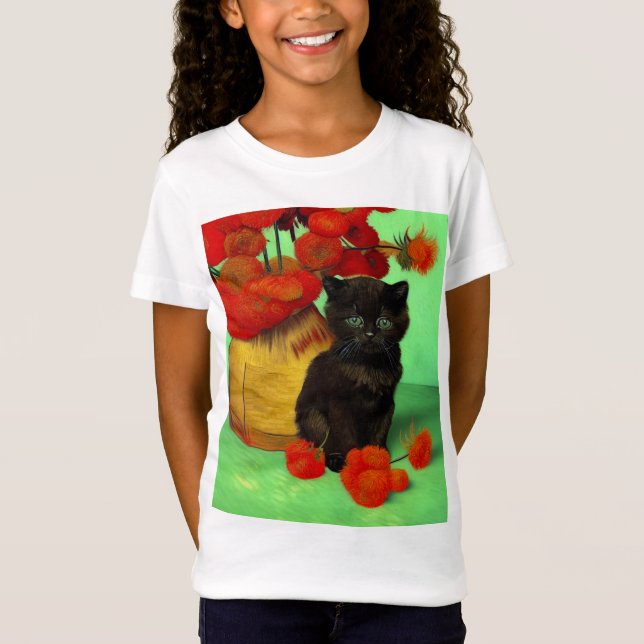 Camiseta Van Gogh Black Kitten Red Flowers (Frente)