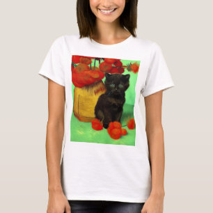 Camiseta Van Gogh Black Kitten Red Flowers