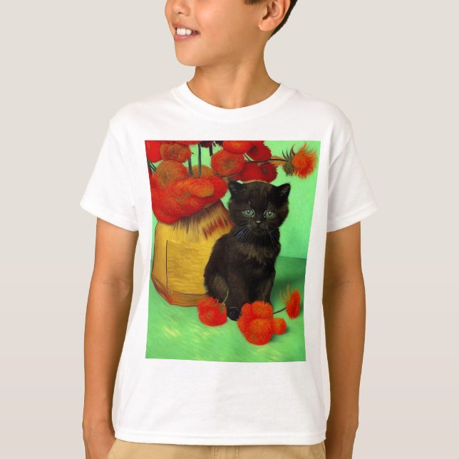 Camiseta Van Gogh Black Kitten Red Flowers (Frente)