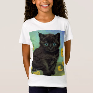 Camiseta Van Gogh Gato Preto Flores Amarelas