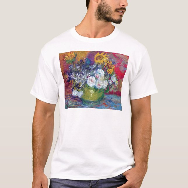 Camiseta Van Gogh - Natureza-Morta com Rosas e Girassóis (Frente)
