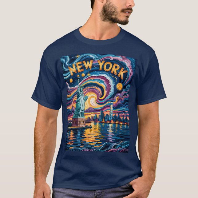 Camiseta Van Gogh Starry Night Art New York Liberty Skyline (Frente)