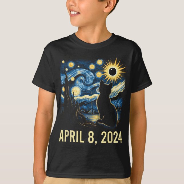 Camiseta Van Gogh Starry Night Cat Total Eclipse Solar Apri (Frente)