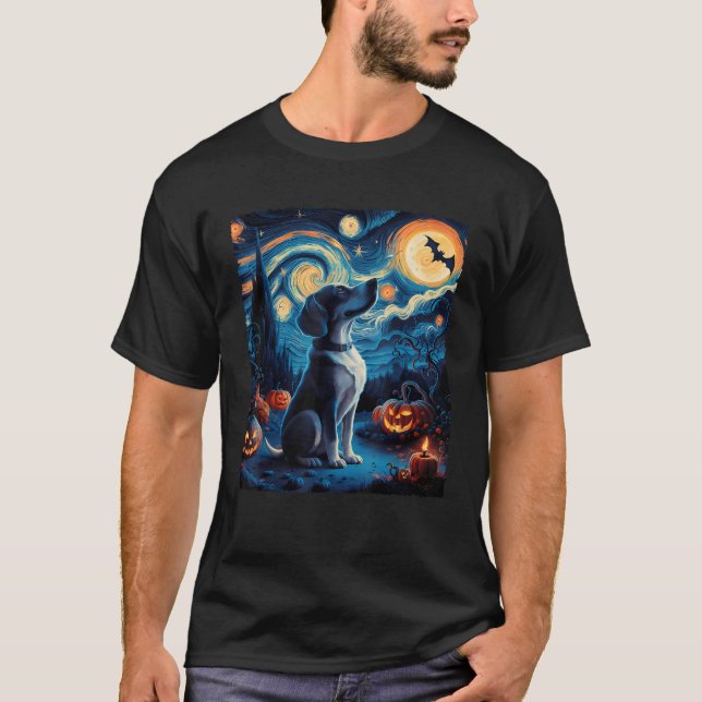 Camiseta Van Gogh Starry Night Dog Pumpkins Bats Funny Hall (Frente)