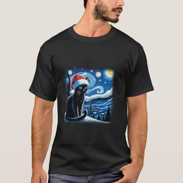 Camiseta Van Gogh Starry Night Festivo Christmas Black Cats (Frente)