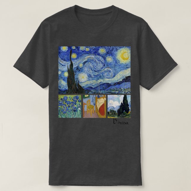 Camiseta Van Gogh Starry Night, Irises, Room with Chair, an (Frente do Design)
