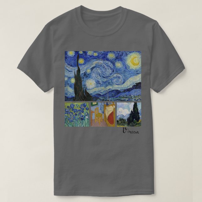 Camiseta Van Gogh Starry Night, Irises, Room with Chair, an (Frente do Design)