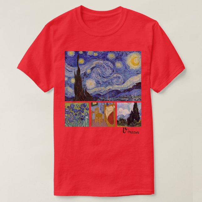 Camiseta Van Gogh Starry Night, Irises, Room with Chair, an (Frente do Design)