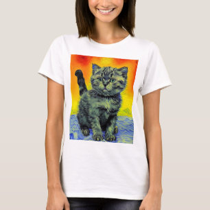 Camiseta Van Gogh Style Cat Sunset Beach