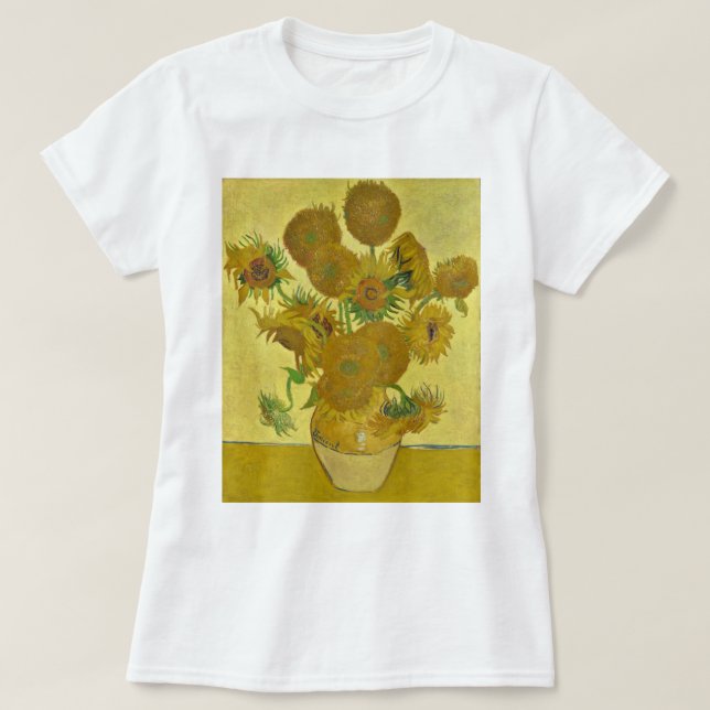Camiseta Van Gogh Vase com 15 Galeria de GirassóisHD (Frente do Design)