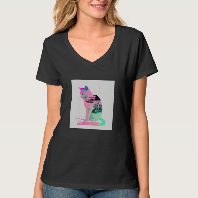 Camiseta Vaperwave Aesthetic Glitch Cat Retrowave Synthwave (Frente)