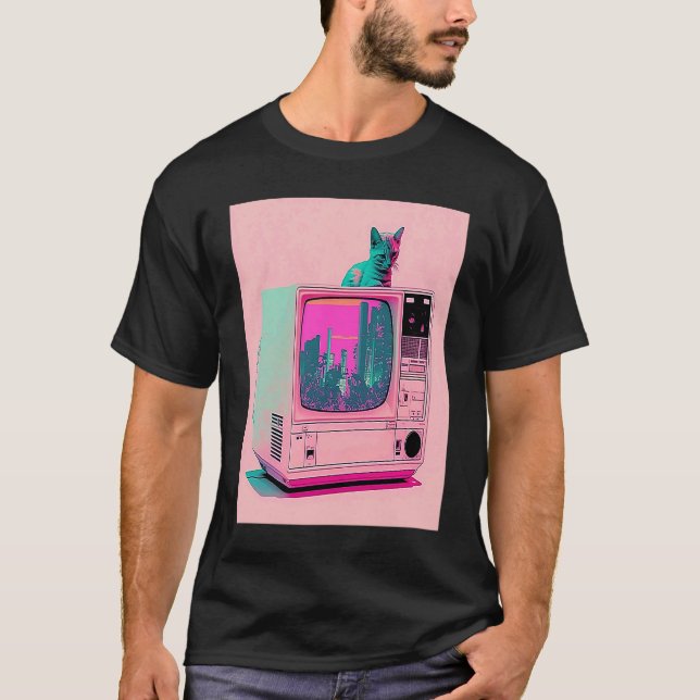 Camiseta Vaperwave Aesthetic Glitch Cat Retrowave Synthwave (Frente)
