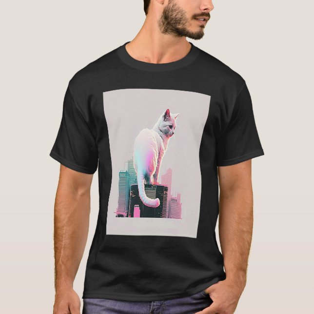 Camiseta Vaperwave Aesthetic Glitch Cat Retrowave Synthwave (Frente)