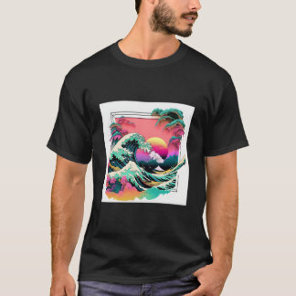 Camiseta Vaperwave Aesthetic Glitch Great Wave Wave Synthwa