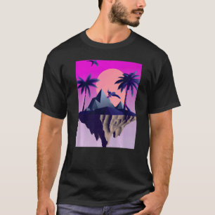 Camiseta Vaporwave Aestic Flying Island Com Palmas E B