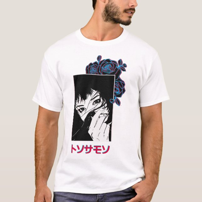 Camiseta Vaporwave Japanese Girl Rose Ornament  (Frente)