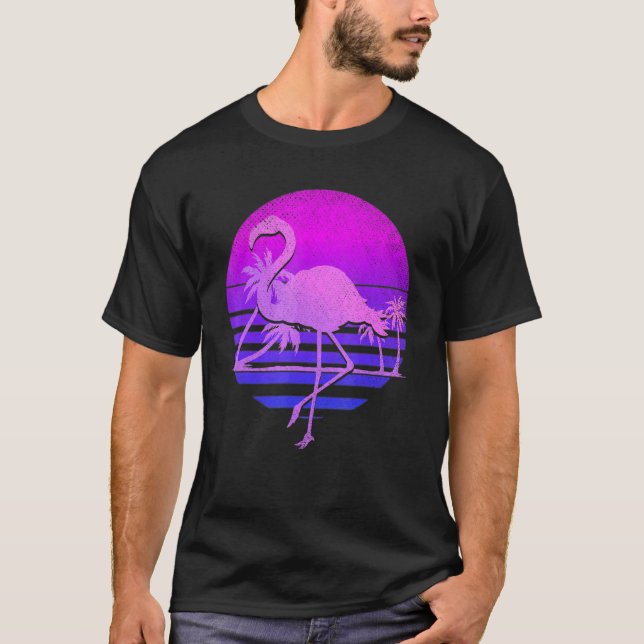 Camiseta Vaporwave Palm Trees Rosa Flamingo 80s Art Tropica (Frente)