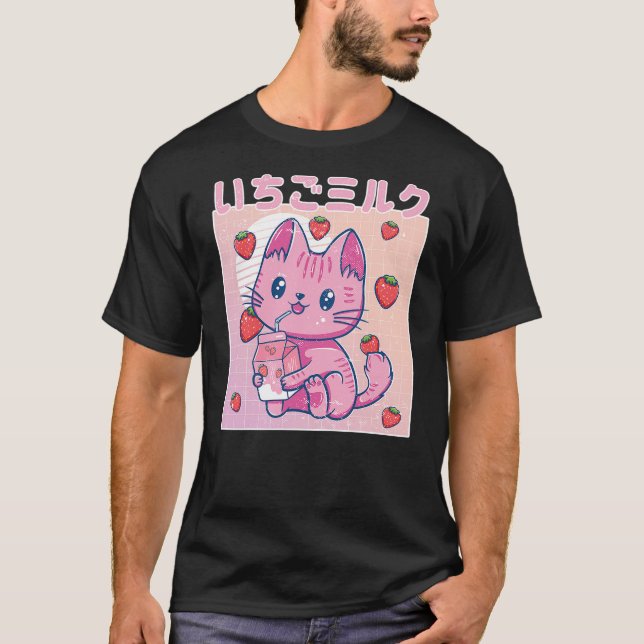 Camiseta Vaporwave Strawberry Cat 90s Japanese Kawaii Straw (Frente)